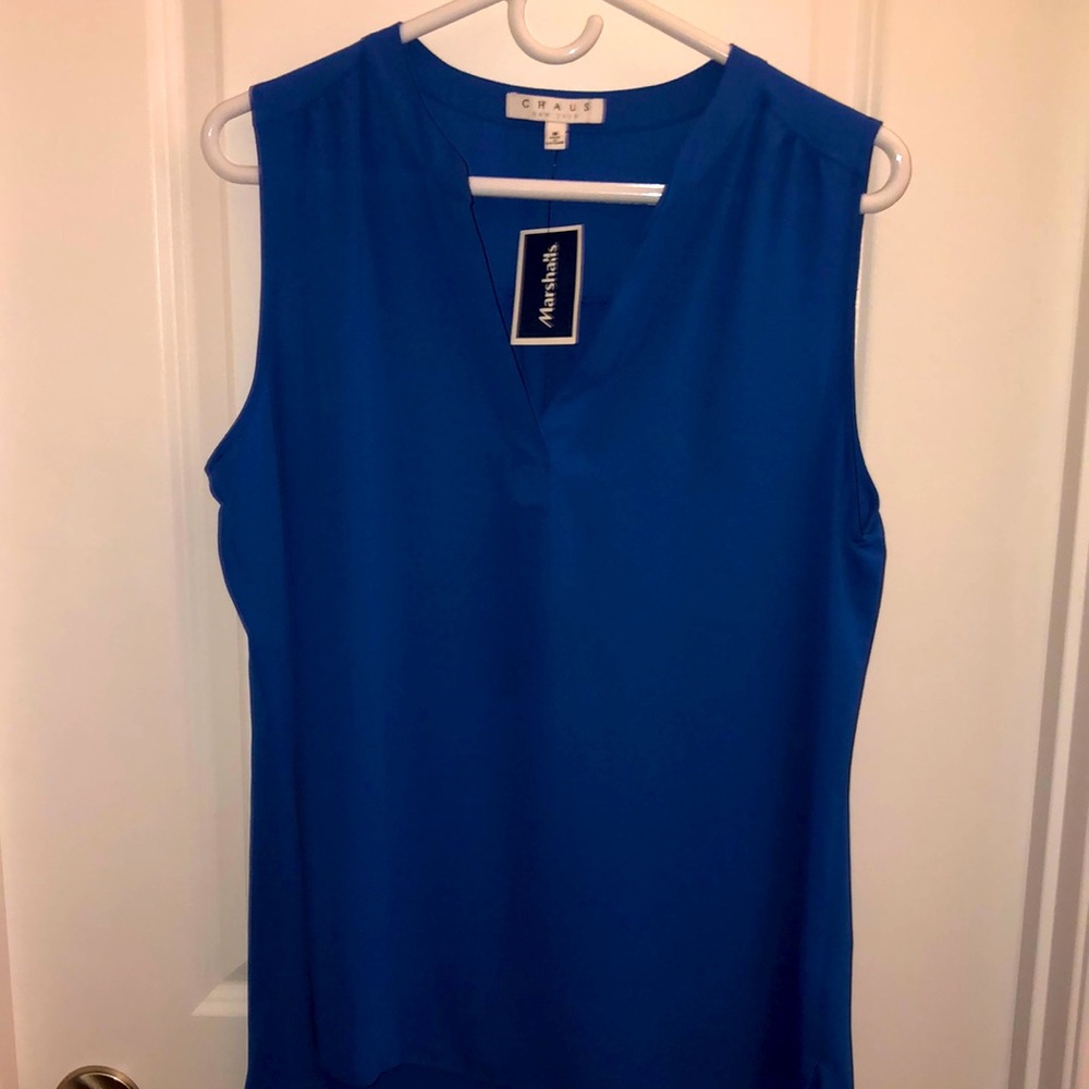 Blue Split Neck Sleeveless Blouse